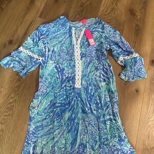 Lilly Pulitzer Blue and Green Patterned Dress with Lace Trim